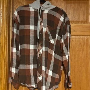 Maurices Brown and Gray Plaid Hooded Flannel